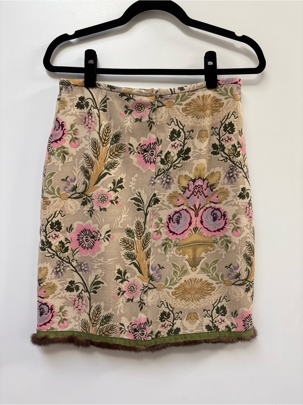 Vintage Y2K Tracy Reese Floral Tapestry Pencil Skirt with fur trim.